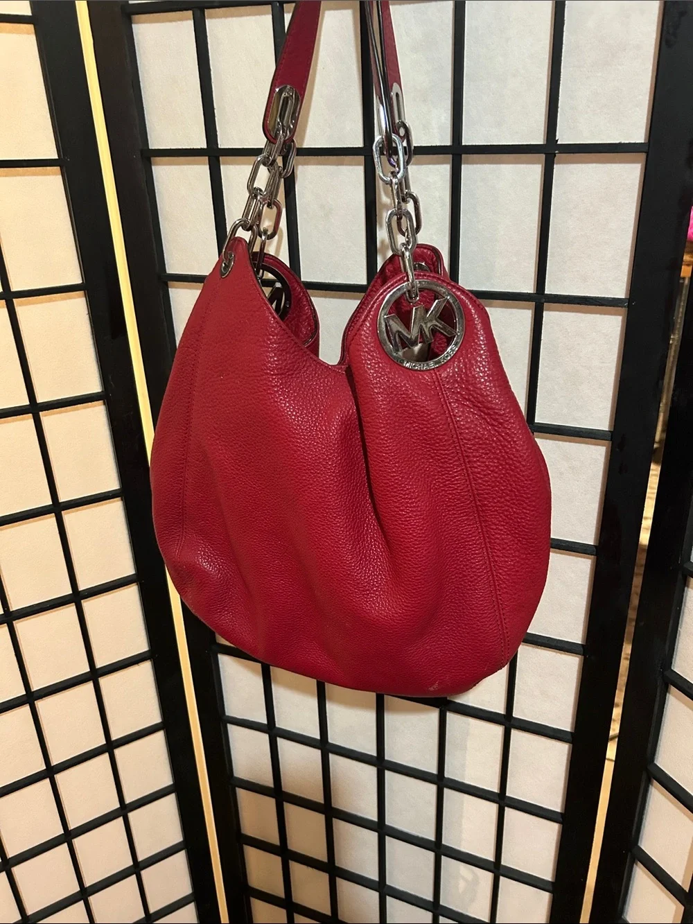 Michael Kors Pink-Red Pebbled Leather Shoulder Bag with Silver Hardware